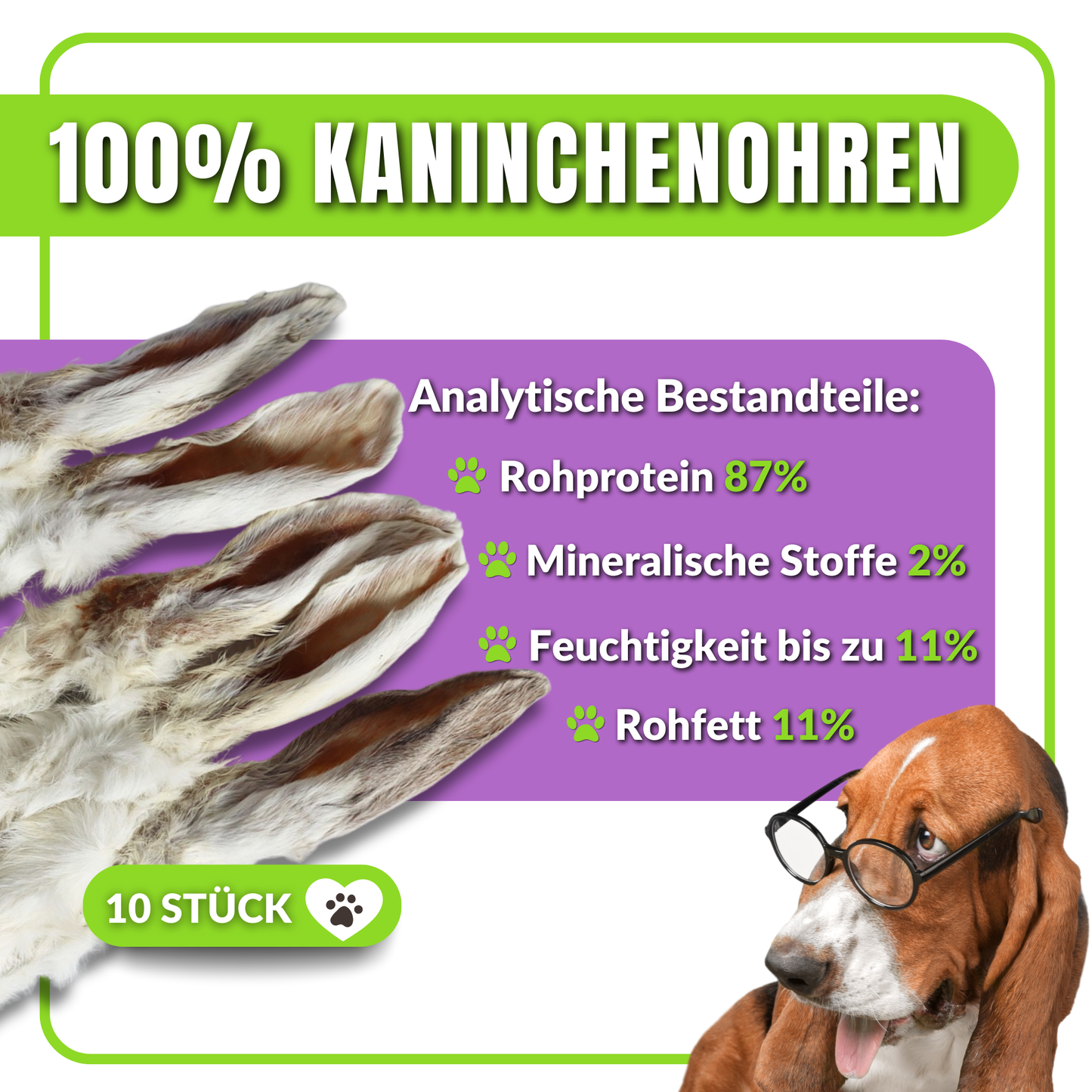 Verpackte Kaninchenohren mit Fell, Nährwertangaben und 10-Stück-Label.