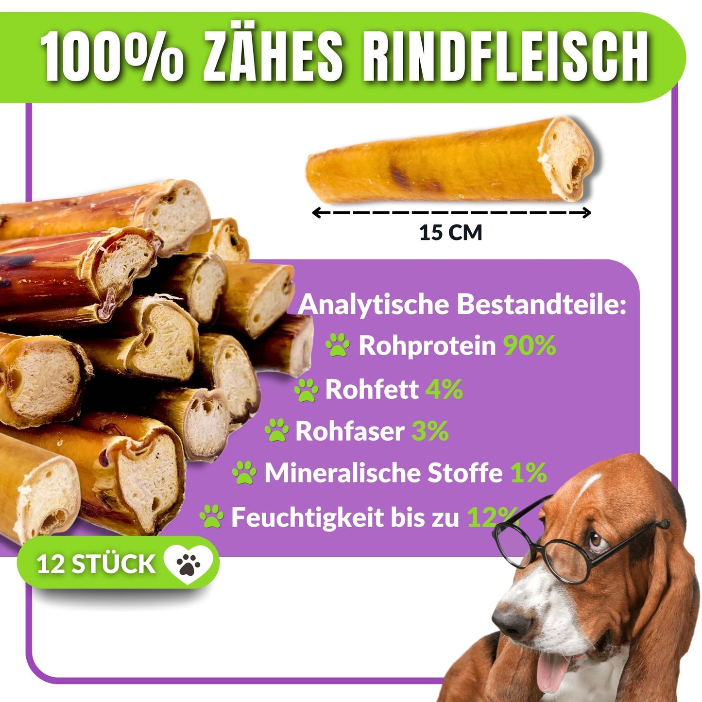 Verpackte Ochsenziemer-Sticks mit analytischen Bestandteilen.
