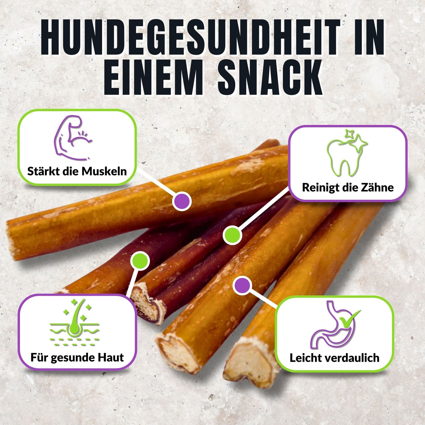 Kauartikel aus Ochsenziemer mit Icons zu Zahnpflege und Muskelaufbau.