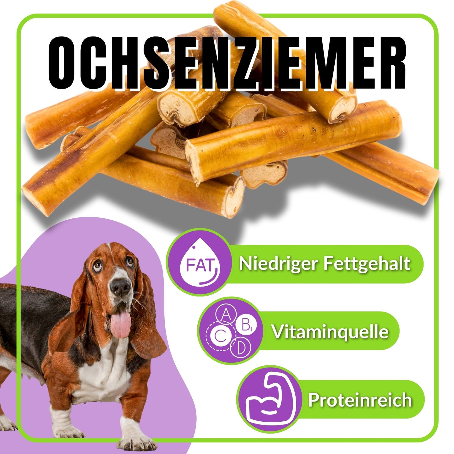 Getrocknete Ochsenziemer-Sticks mit Nährwertangaben und Basset Hound.