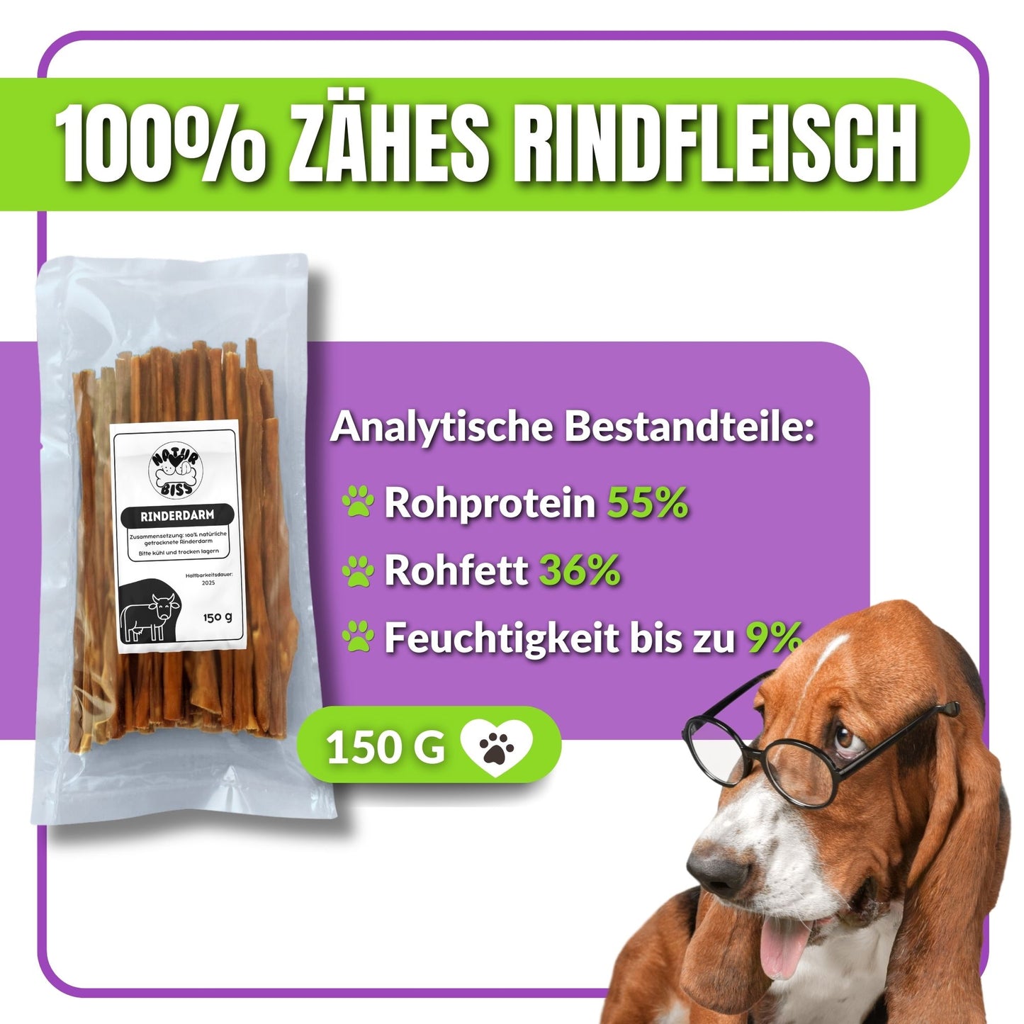 Verpackter Rinderdarm-Kausnack mit Nährwertangaben und 150g-Label.