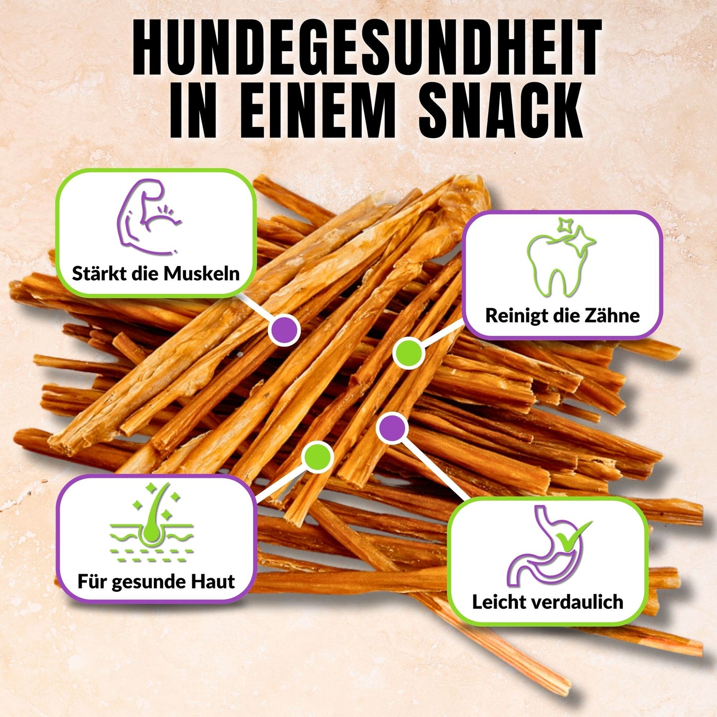 Rinderdarm-Sticks mit Icons für Zahnpflege, Muskelaufbau und Hautgesundheit.