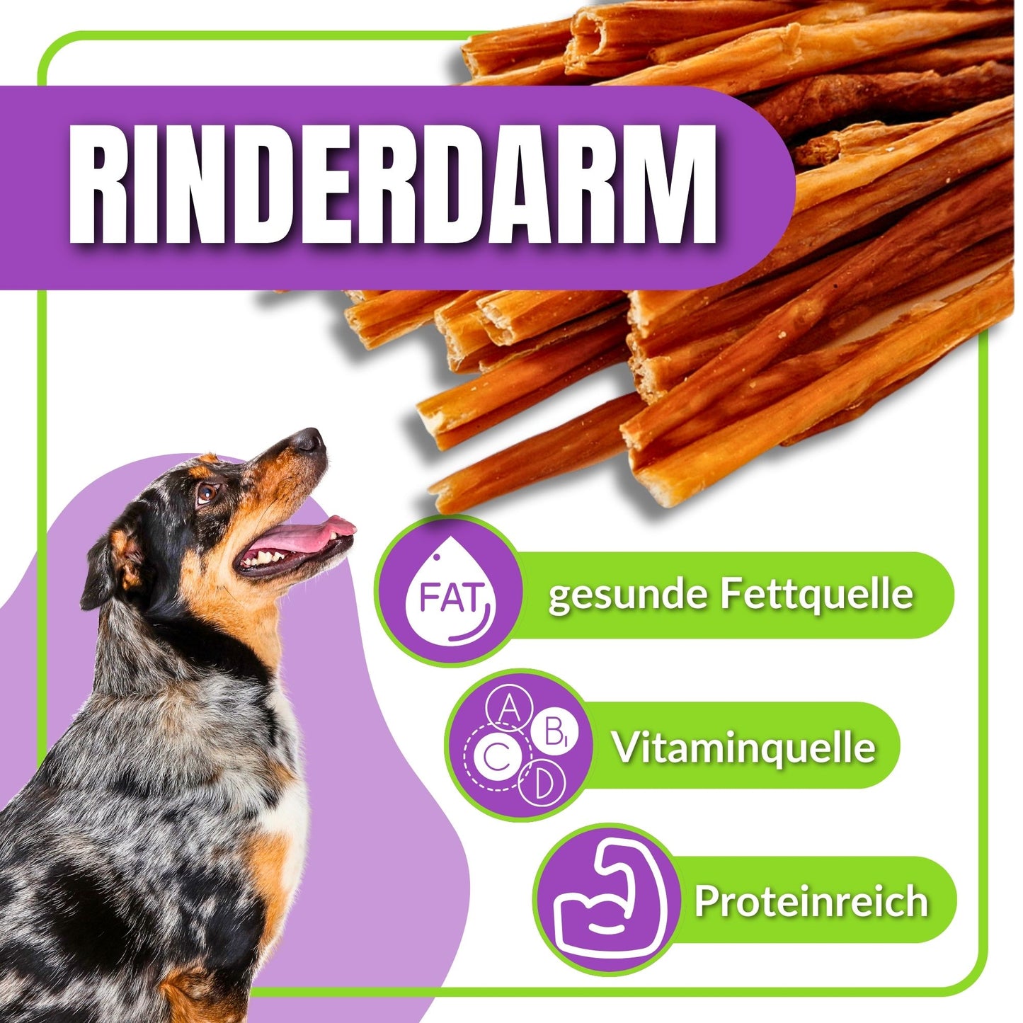 Rinderdarm-Kausnack mit Icons zu gesunder Fettquelle und Vitaminen.