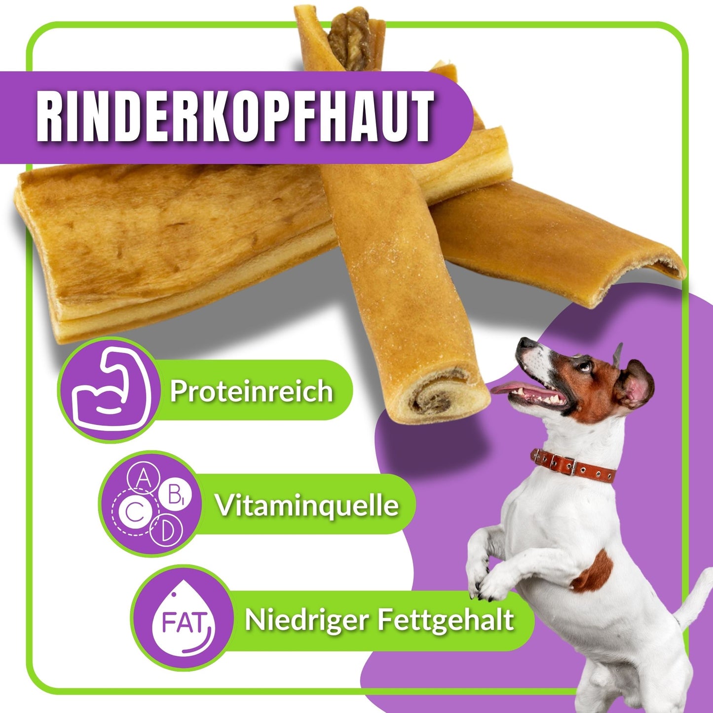Rinderkopfhaut-Streifen mit Hund und Nährwertangaben.