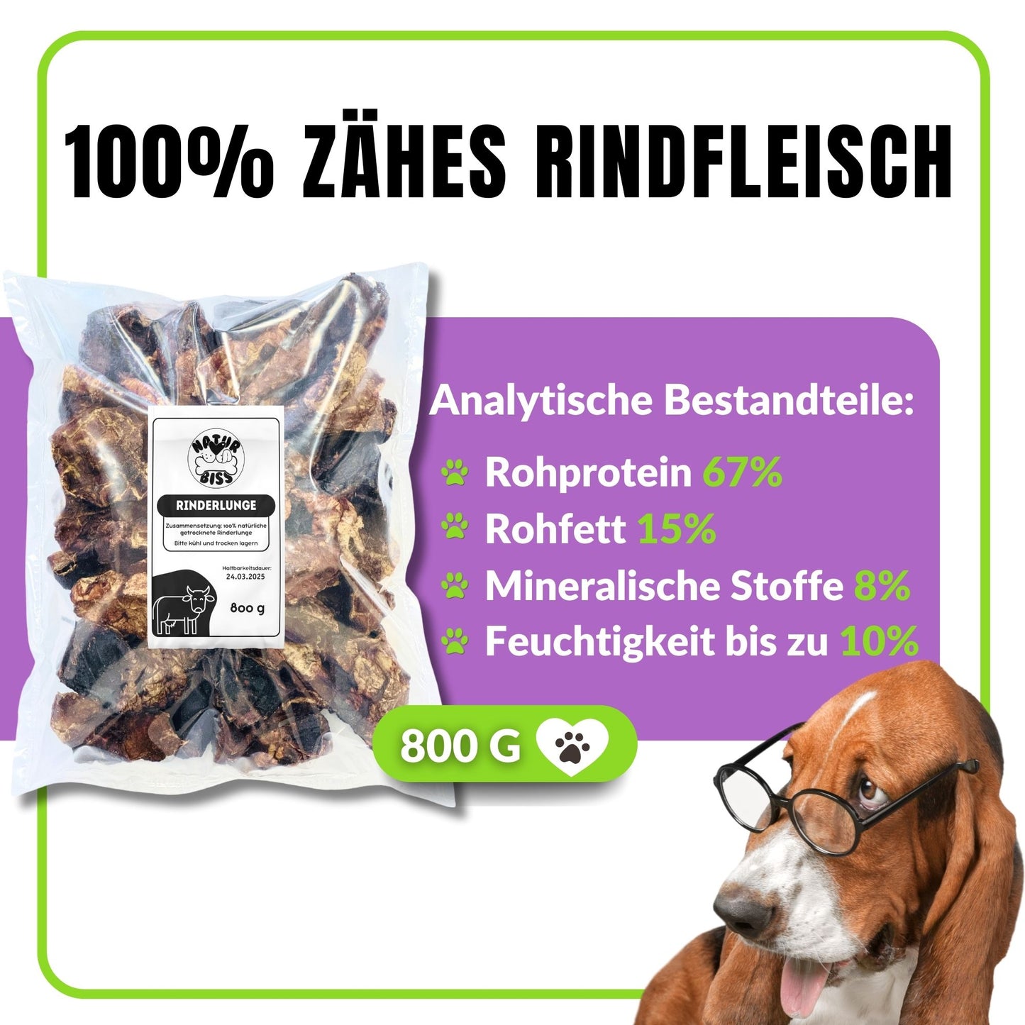 Verpackte Rinderlunge mit Nährwertangaben und 800g-Label.