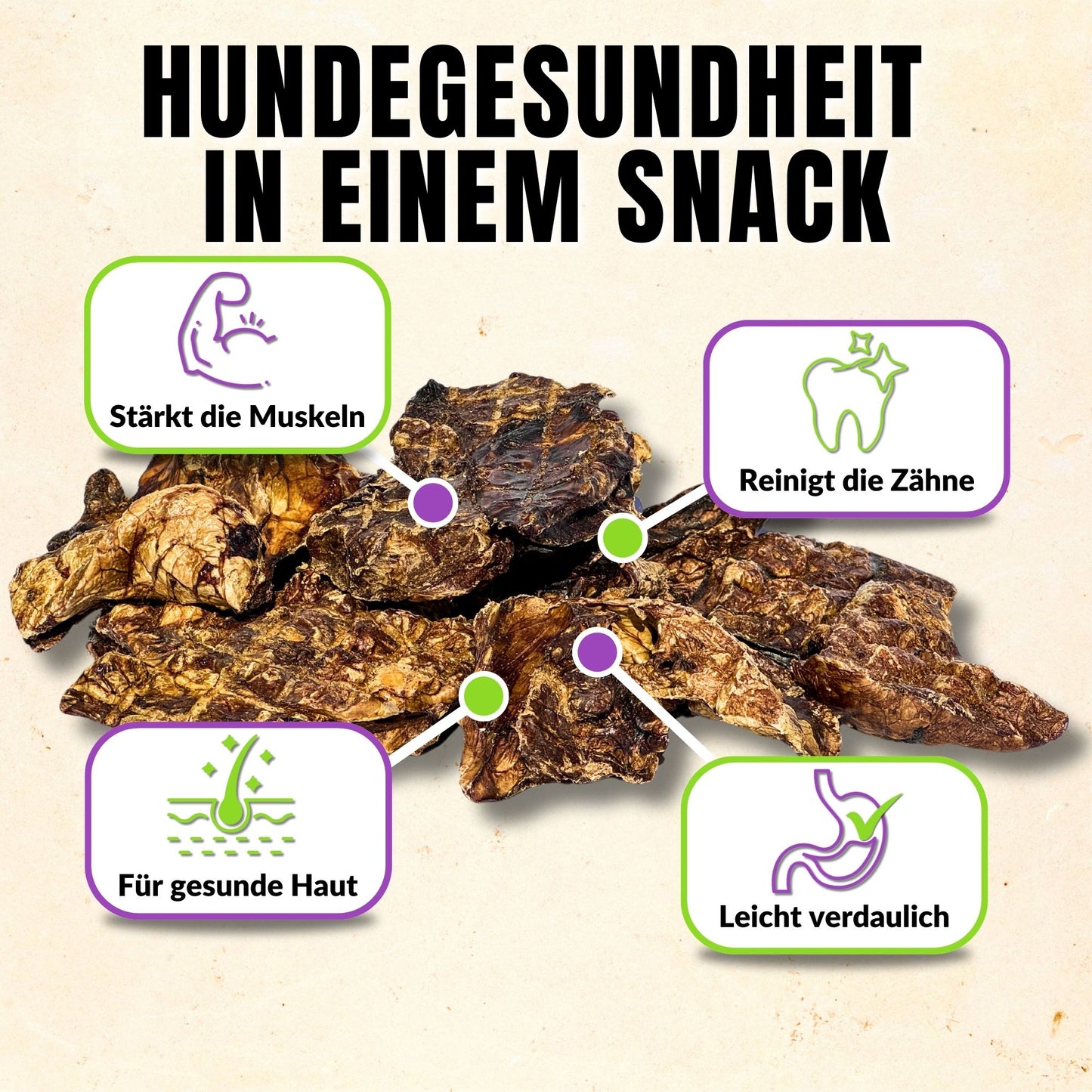 Getrocknete Rinderlunge mit Icons für Gesundheit und Ernährungsvorteile.