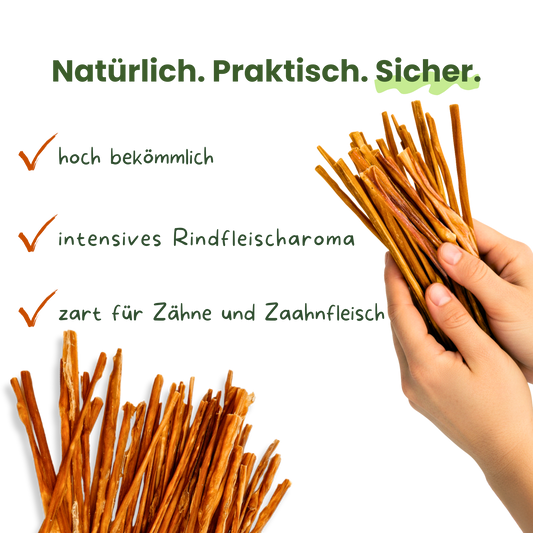 Hand hält Kauspaghetti. Text: bekömmlich, intensives Rindfleischaroma, zart für Zähne. Natürlich, praktisch, sicher.