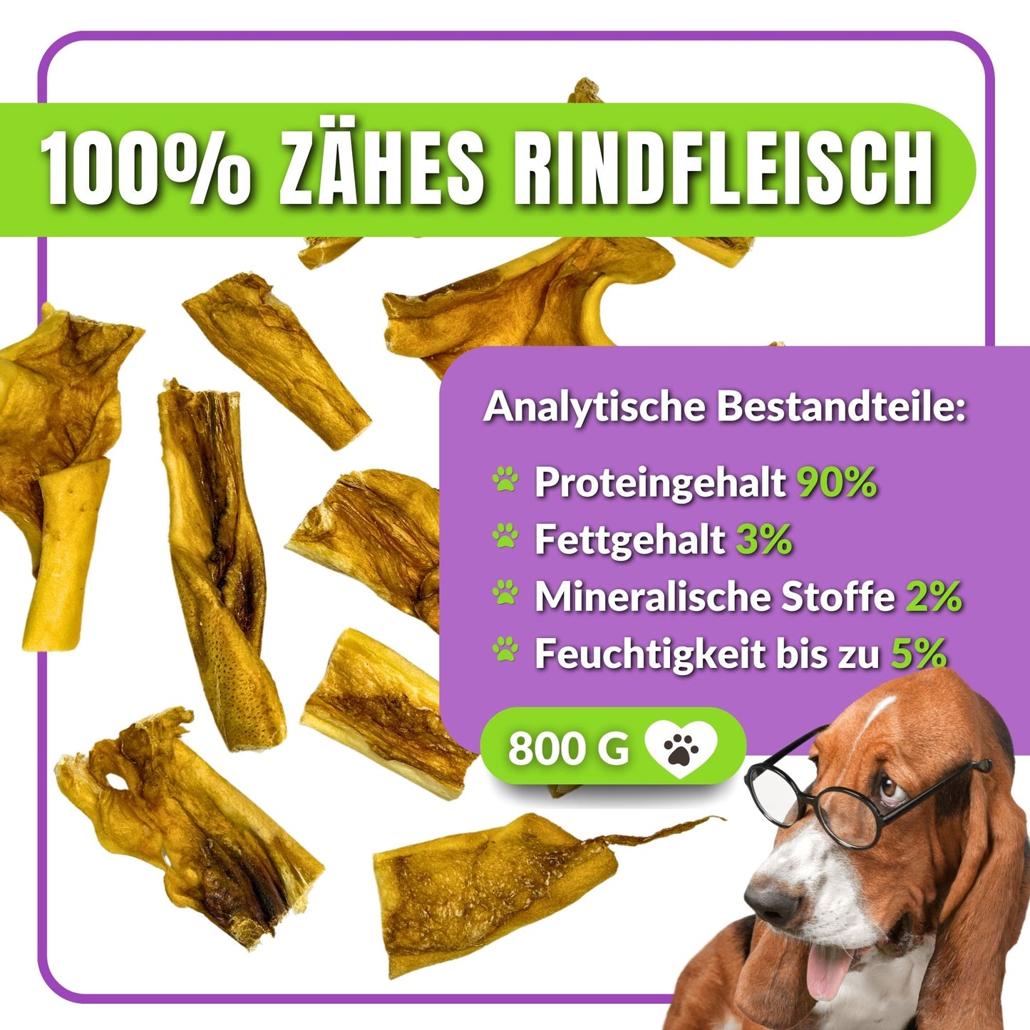 Getrocknete Rinderstücke mit Nährstoffangaben und 800g-Label.