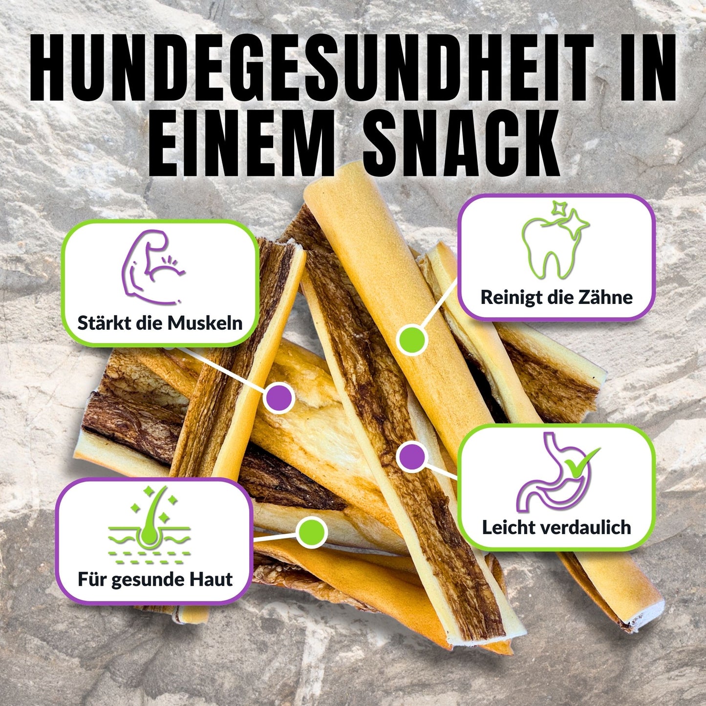Kauartikel mit Icons zu Zahnpflege, Muskelaufbau und gesunder Haut.