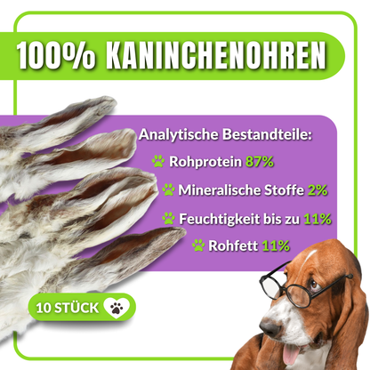 Verpackte Kaninchenohren mit Fell, Nährwertangaben und 10-Stück-Label.
