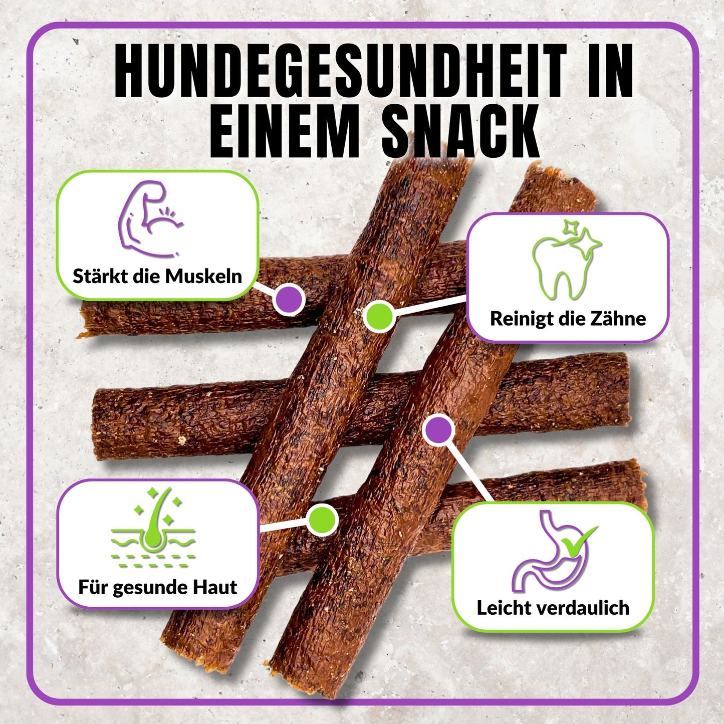 Hundezigarren mit Icons für Zahnpflege, Verdauung und Muskelaufbau.