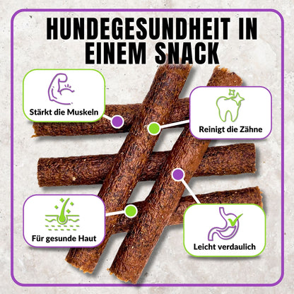 Hundezigarren mit Icons für Zahnpflege, Verdauung und Muskelaufbau.