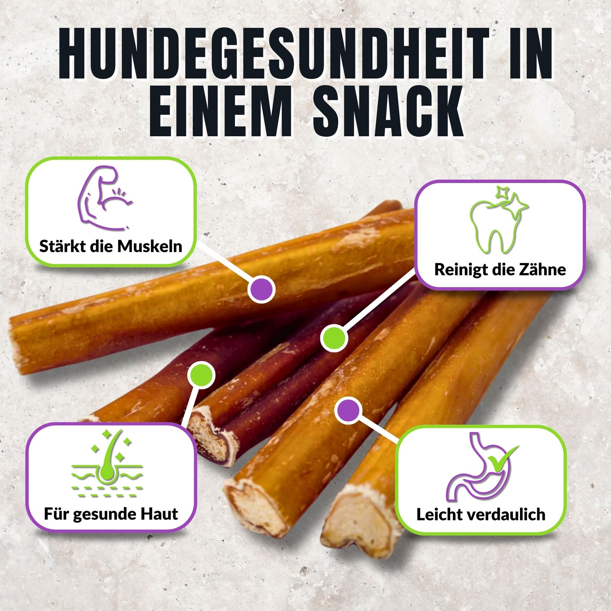 Kauartikel aus Ochsenziemer mit Icons zu Zahnpflege und Muskelaufbau.
