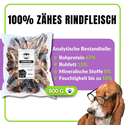 Verpackte Rinderlunge mit Nährwertangaben und 800g-Label.
