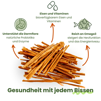 Kauspaghetti-Haufen mit Icons. Vorteile: unterstützt Darmflora, reich an Eisen, Vitaminen und Omega-3. Gesundheit mit jedem Bissen.