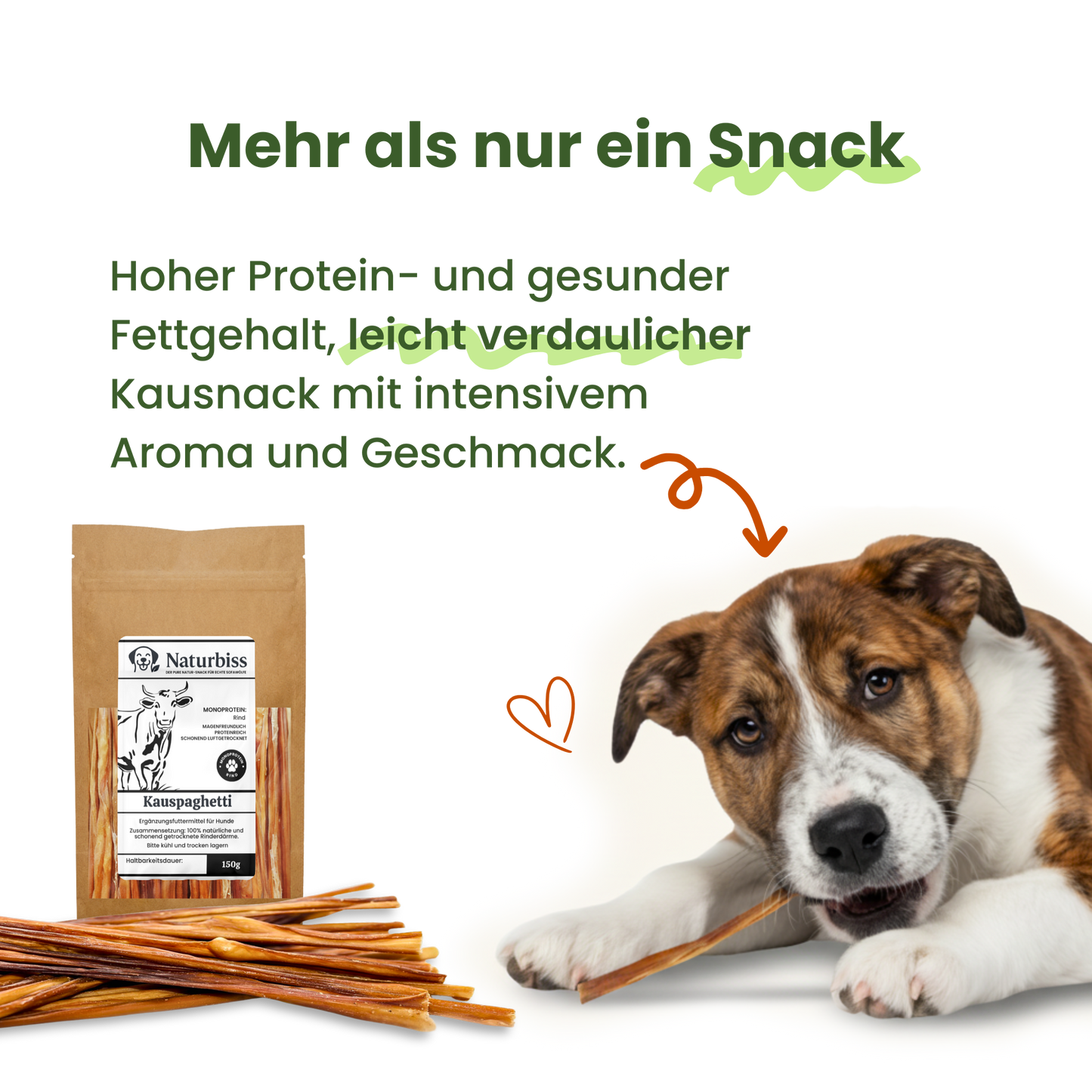 Ein Welpe kaut auf einem Naturbiss Kauspaghetti. Proteinreicher und leicht verdaulicher Kausnack für Hunde.