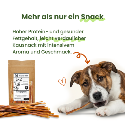 Ein Welpe kaut auf einem Naturbiss Kauspaghetti. Proteinreicher und leicht verdaulicher Kausnack für Hunde.